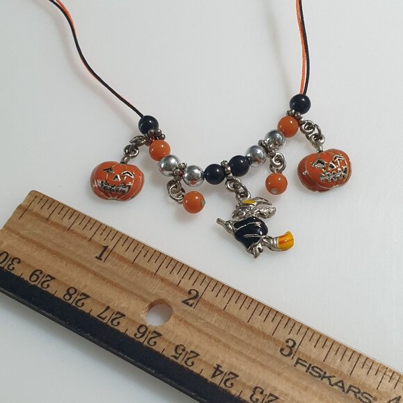 Halloween Charms Necklace Black Orange Pumpkin Witch Design Adjustable Chain - Picture 4 of 4